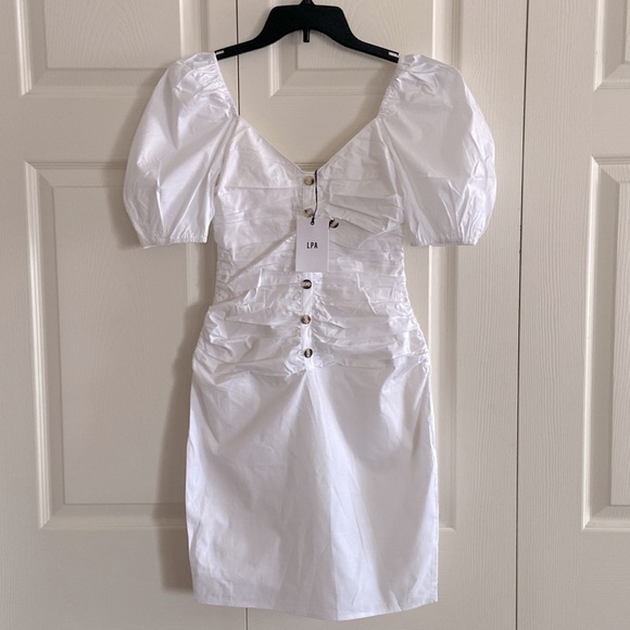 LPA Shirred Button Up Dress With Puff Sleeve in White Size XS from REVOLVE - Picture 3 of 4